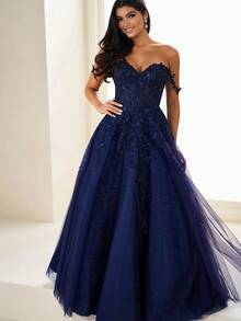 Elegant A-Line Off-Shoulder Tulle Women's Gown For Wedding Prom Formal Evening - Pink - View 7