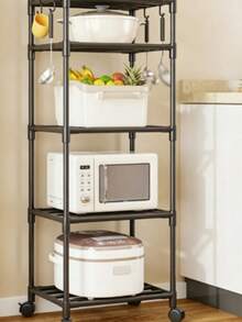 Multi-Layer Kitchen Storage Rack With Wheels, Floor-Standing Storage Shelf, Universal Wheels Movable, Multi-Layer Divided, High Load-Bearing, Sturdy Iron Construction, Large Capacity, Space-Saving For Small Apartments, Push-Pull, Universal For Home Appliances, Stable Load-Bearing, Multi-Layer Expansion, All-In-One Storage, Neat Organization, Space-Saving, One-Click Push-Pull, Divided Compartments - Multicolor - View 11