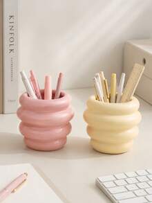 1pc Spiral Pen Holder, Donut Bubble Shape Desktop Stationery Storage Tube, Pink And Creamy Yellow Makeup Brush Storage Cup, Fashionable Stationery Rack Suitable For Office And Study Room, Cute Style Dressing Table Decoration And Dormitory Goodies - Multicolor - View 6