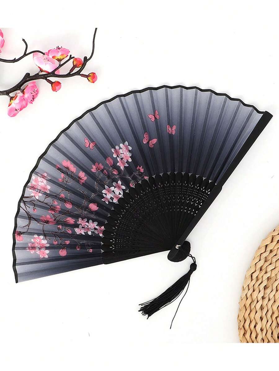 1件復古風竹製摺扇，櫻花圖案，漸層黑至紫色，流蘇裝飾，便攜女士摺扇，裝飾禮品，適合返校季、節日派對 - 多款 - 查看 1