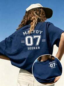 Women Crew Neck Tee, Malfoy 07 Seeker Back Print Short Sleeve, Stretchy All Season Casual Spring Summer Autumn Daily Printed Top - 藏蓝色 - 查看 8