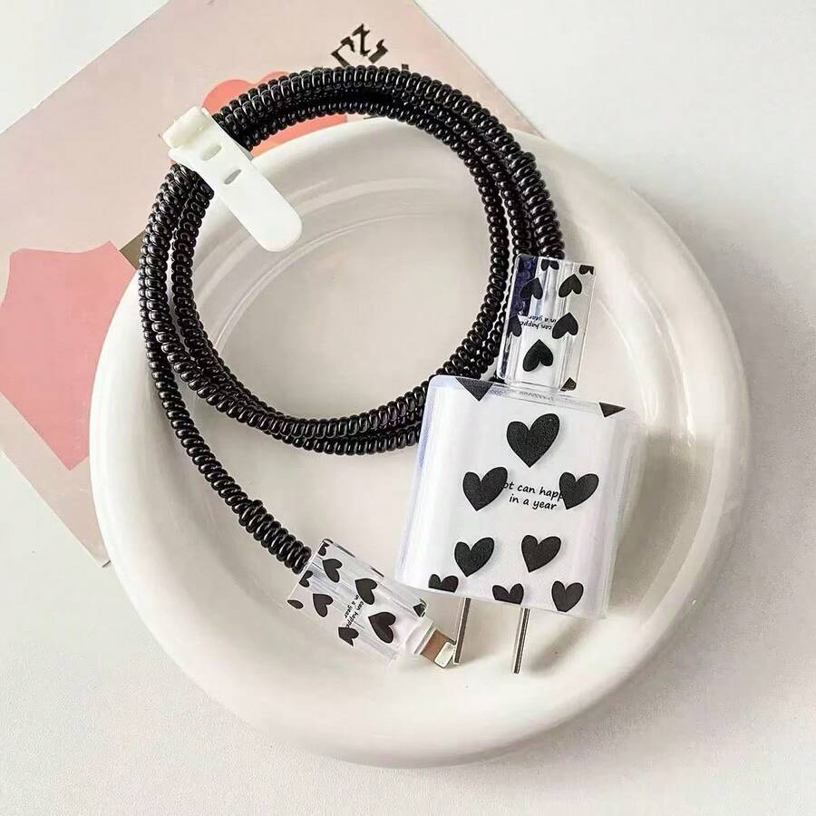 粉色 TPU 小愛心印花/蝴蝶結/花朵圖案/紫色愛心貓充電線保護套，相容 Apple 18/20W 充電器，適合送給朋友的禮物