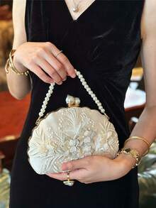 Women's Evening Clutch, Wavy Edge Hard Frame Handbag, 3D Floral Embroidery Pattern, Suitable For Wedding, Tea Party, Banquet (Random Cropping Position) - White - View 5