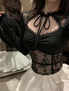 Kaos Lengan Panjang Model French Style dengan Hiasan Renda dan Tali Pengikat untuk Wanita, Atasan Lapisan Dasar Musim Gugur Slim Fit - Hitam - View 3