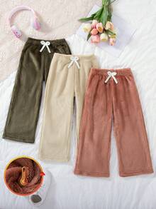 3pcs/Set Girls' Casual Daily Outing Fashion Solid Color Fleece Lined Thick Straight Leg Long Pants, Autumn/Winter - Multicolor - View 1