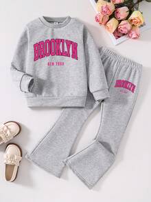Tween Girl Letter Print Crew Neck Sweatshirt And Flare Pants Casual Set - Grey - View 1