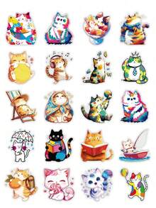 50Pcs Colorful Graffiti Art Cat Stickers – Versatile Decals For Scrapbooking, Journaling, Card Making & DIY Crafts | Vibrant Rainbow Splash Paint Kitten Daily Life Designs Playful, Hat & Musical Kitty Assorted Patterns ﻿ - Multicolor - View 8