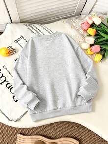 Girls' Sweet & Cool 2-Piece Set, Grey Floral Crew Neck Sweatshirt Paired With Black Flare Pants, Front Printed With "Battle" Y2K Pink Glitter Artistic Font And Silver Glitter Star Decoration, Pants Pocket Echoing Same Color Star Print Detail, Loose Straight Fit Suitable For Campus Daily Commute Or Weekend Casual Outings, Versatile And Casual, Perfect For Autumn/Winter Layering, Daily Wear And Campus Outfits - Apricot - View 5