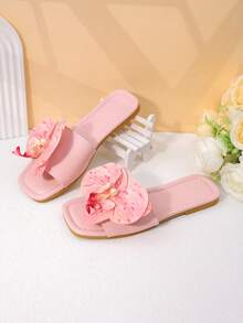 1 Pasang Sandal Anak Perempuan Motif Bunga Merah Muda, Anti Selip, Tahan Aus, Ujung Persegi, Model Rendah, Sol Datar Terbuka, Gaya Segar dan Manis, Cocok untuk Musim Semi/Panas, Pantai, Aktivitas Luar Ruangan, dan di Rumah - Berwarna merah muda - View 7