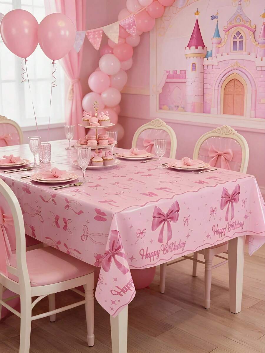1pc Pink Birthday Plastic Tablecloth, 130*220cm Bow Print Disposable Tablecloth, Suitable For Baby Shower Table Decor, Girls Birthday Party Supplies