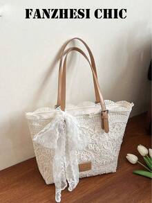 Hollow Floral Lace White Tote Bag Soft Fabric Lining Bow Accessory Small Brand Tag Lightweight Large Storage Shoulder Bag For Campus Travel - White - View 1