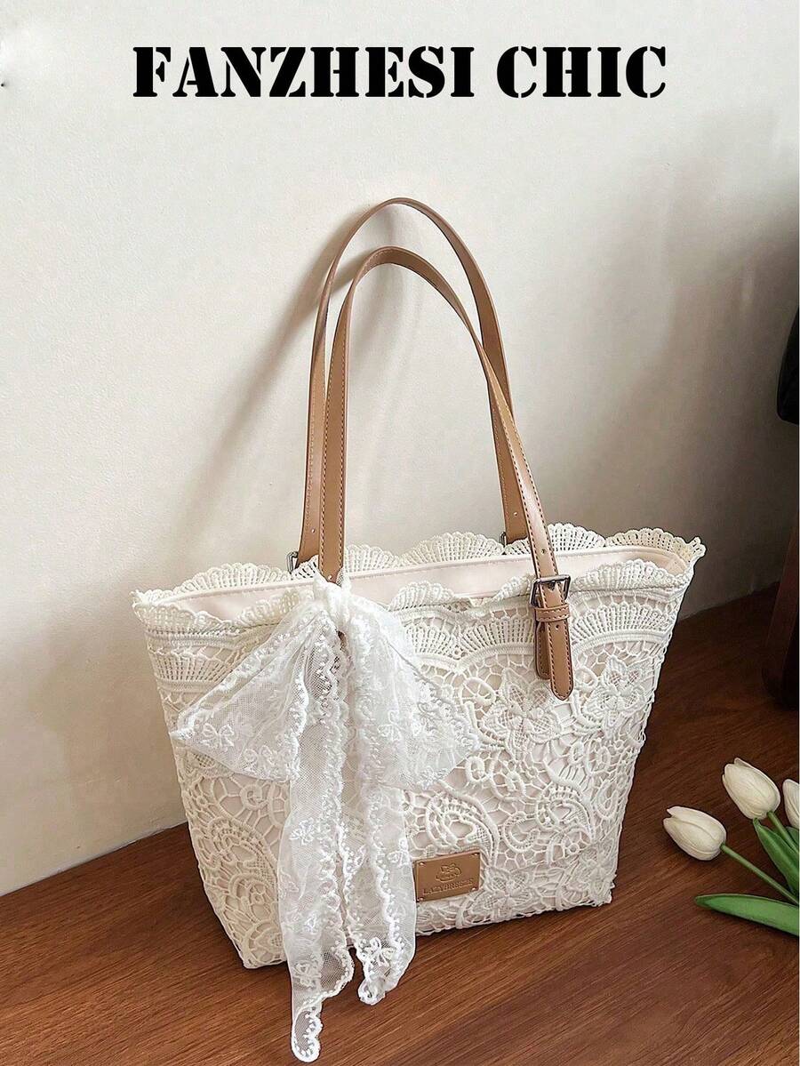 Hollow Floral Lace White Tote Bag Soft Fabric Lining Bow Accessory Small Brand Tag Lightweight Large Storage Shoulder Bag For Campus Travel - White - View 1