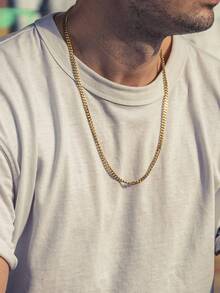 1pc Fashionable Men's Stainless Steel Waterproof Non-Fading Chain Necklace Cuban Necklace Simple Silver Golden Color Gift For Him For Daily Wear - Necklace - View 1