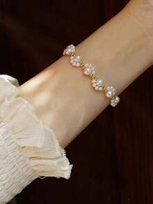 1pc Vintage French Luxury Sparkle Faux Pearl Bracelet, Niche Exquisite Luxury Design Personalized Highly Attractive Versatile Bracelet - Bracelet - View 3