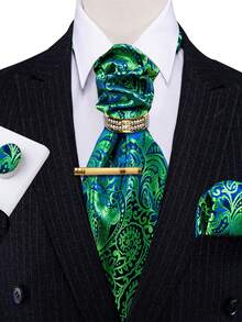 5pcs Men's Green Paisley Jacquard Necktie Pocket Square Cufflinks Ring Tie Clip Set, Random Cufflinks Pattern, Wedding Formal Suit Accessories - Green - View 1