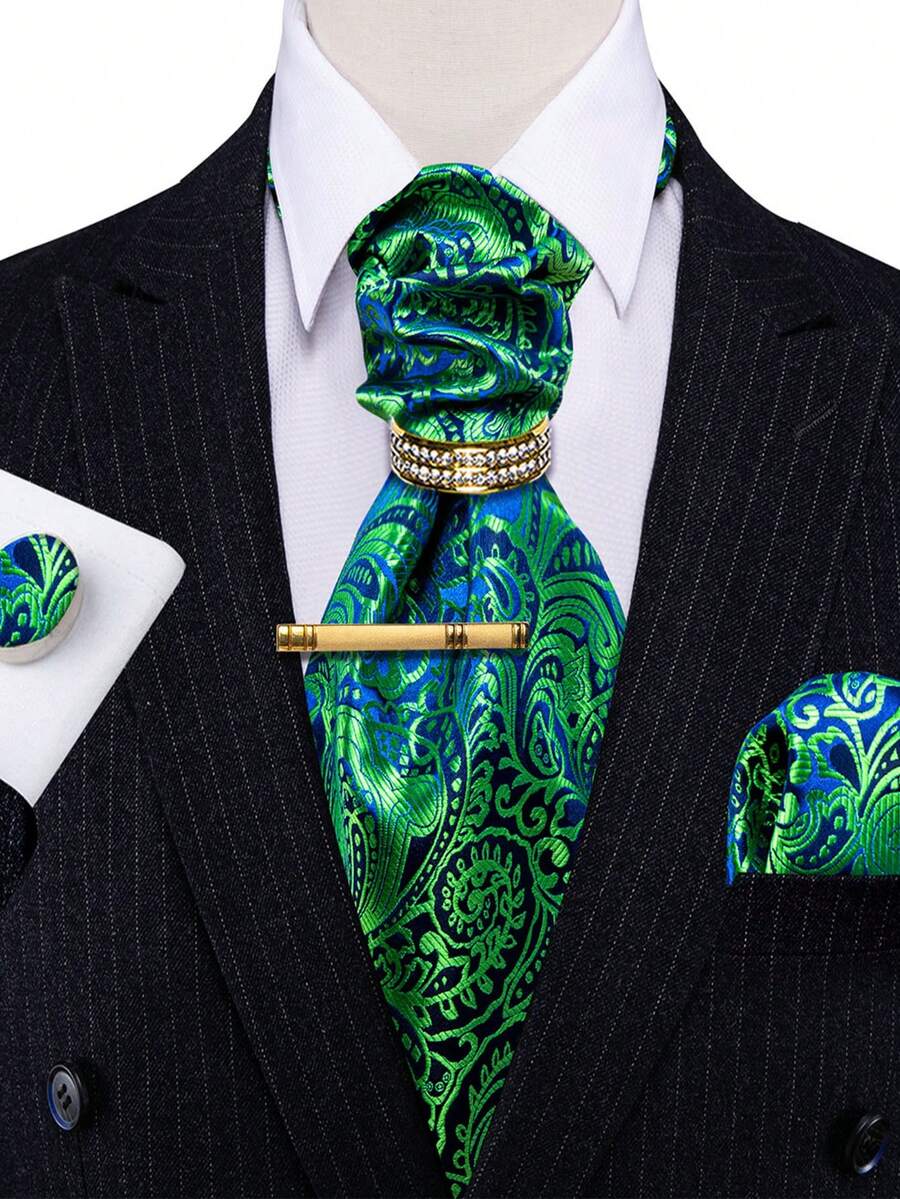 5pcs Men's Green Paisley Jacquard Necktie Pocket Square Cufflinks Ring Tie Clip Set, Random Cufflinks Pattern, Wedding Formal Suit Accessories - Green - View 1