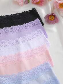5件裝素色蕾絲飾邊條紋三角內褲 性感透氣女款內衣 - 彩色 - 查看 4