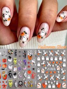 5D Embossed Clear Base Halloween Nail Stickers, Cute Ghost Pumpkin Skull Bat Spider Floral Self-Adhesive Nail Art Decals, Spooky Gothic Manicure Decorations For Halloween Party DIY Nail Supplies For Women Girls Acrylic Nails - Multicolor - View 1
