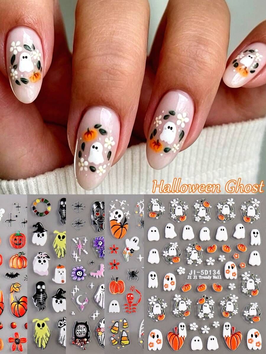 5D Embossed Clear Base Halloween Nail Stickers, Cute Ghost Pumpkin Skull Bat Spider Floral Self-Adhesive Nail Art Decals, Spooky Gothic Manicure Decorations For Halloween Party DIY Nail Supplies For Women Girls Acrylic Nails - Multicolor - View 1