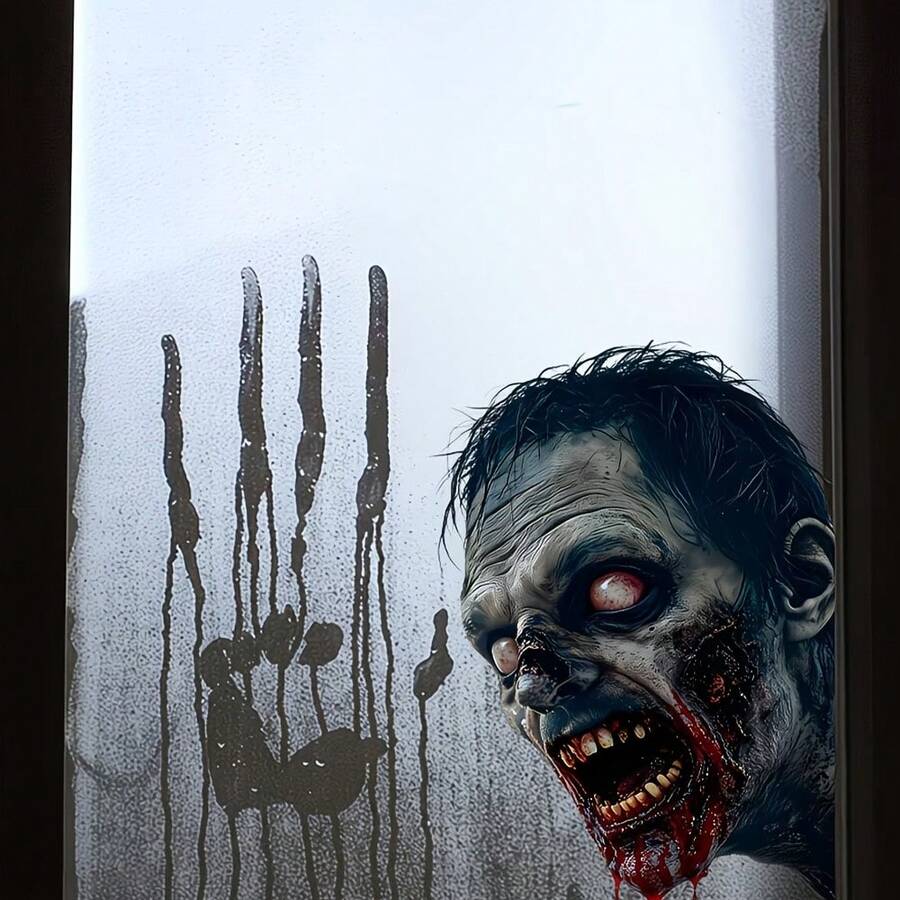 1PC Static Printing PVC Window Decal Film, Eerie 2D Zombie Halloween Decal, Easy To Apply Without Residue, Suitable For Household Glass Surfaces And Decorative Items To Create An Eerie And Frightening Atmosphere. - JD6325 - View 1