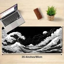 1 Stück extra großes japanisches schwarzes Wellen-Gaming-Mauspad, ergonomisches Design, rutschfeste Gummibasis, japanisches Landschaftsmuster, geeignet für PC und Tablet, langanhaltend glatte Oberfläche, großes Mauspad Schreibtischmatte - A - Übersicht 5