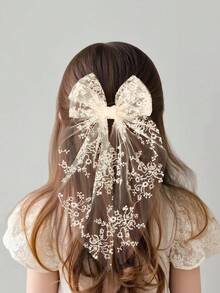 1件女孩白色蕾絲刺繡可愛優雅長尾蝴蝶結面紗髮夾，女孩裝飾性髮飾 - 彩色 - 查看 8