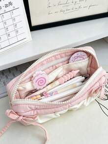 1pc Cute Polka Dot Bowknot Large Capacity Zipper Pencil Case, Student Stationery Storage Bag, Multifunctional Fabric Storage Pouch, First Day Of School - Multicolor - View 12