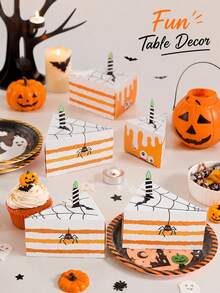 2 Peças Caixas de Lembrancinhas de Fatias de Bolo com Teia de Aranha Assustadora de Halloween, Caixas de Embalagem de Presente de Doces com Impressão de Vela de Morcego de Desenho Animado para Decoração de Lembrancinhas de Festa de Feriado (Caixas Reutilizáveis) - Multicolorido - Visão 2