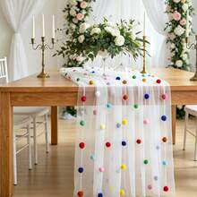 Cute Party Tablecloth With 3D Velvet Pom Poms, Colorful Polka Dot Confetti Tulle Table Runner, Macaron Color Mesh Tulle Rainbow Table Decor, Suitable For Birthday, Wedding, Home, Baptism Party - Multicolor - View 8