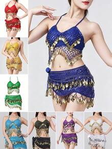 Women's Belly Dance & Style Costume (Bra + Waist Chain), Fringed Dance Top, Slit Skirt, Wrap-Around Skirt, Bohemian, Retro, Sari-Inspired Design,Hip Wrapped Skirt, Dance Skirt, Bohemian, Retro Style, Saree Sari Inspiration. - Multicolor - View 1