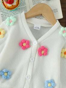 2件組女嬰甜美可愛3D彩色毛巾刺繡花朵裝飾長袖開襟上衣搭配A字牛仔裙套裝，春季/秋季 - 白色 - 查看 5