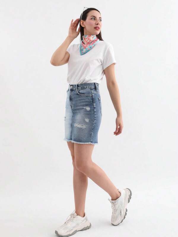 Banny Jeans Falda vaquera azul con bloques de color y roturas para mujer