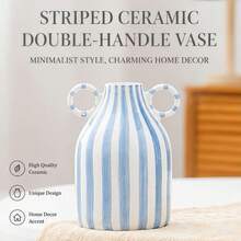 Striped Ceramic Vase With Dual Handles, Minimalist Nordic Style Home Decor Vase, Suitable For Living Room, Bedroom, Tabletop Centerpiece Decoration - Vase - View 1