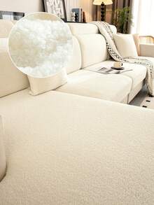 1pc Beige Teddy Fleece Elastic Sofa Cover, Sofa Cushion Protector, Fits 3 Seater Sofa, L-Shaped Sofa, Backrest Cover, Dirt-Resistant, Easy To Remove And Wash, Suitable For All Seasons, Living Room Decor - Off White - View 2