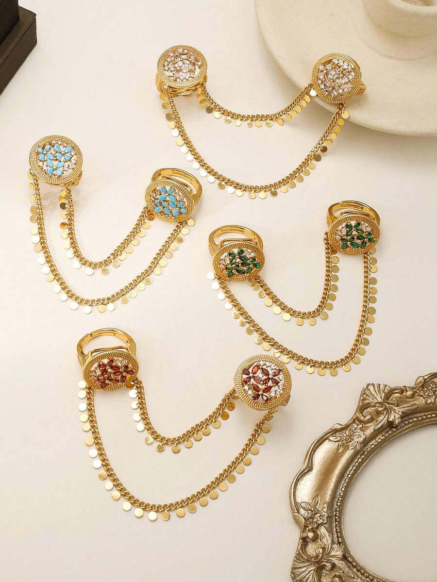 Vintage Gold Double Finger Connected Ring, Colorful Crystal Floral Double Finger Ring, Tassel Chain Hand Ring, Women's Wedding Personalized Jewelry - Round - View 1