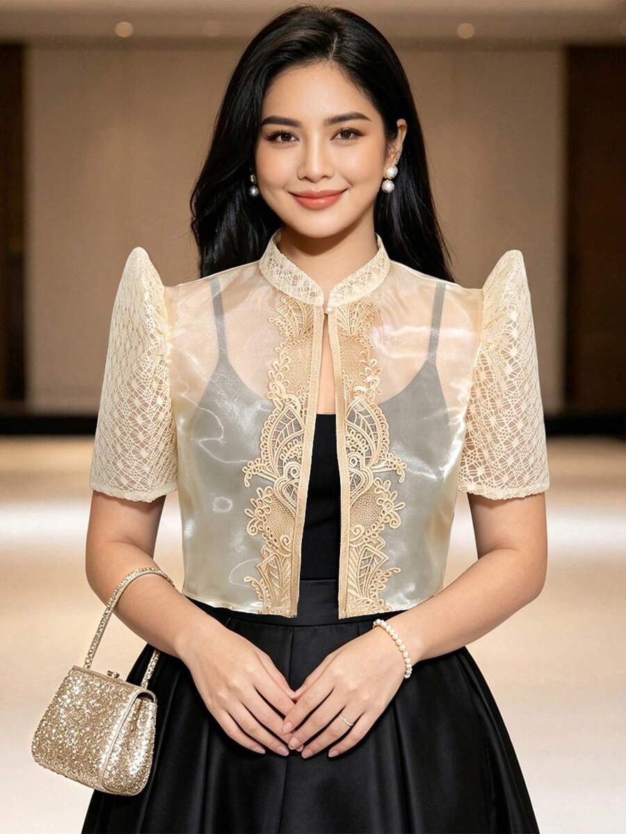 現代菲律賓風上衣,蝴蝶袖設計,菱形圖案編織飾邊,女款短袖開襟衫,適合節慶穿著 - 香檳色 - 查看 1