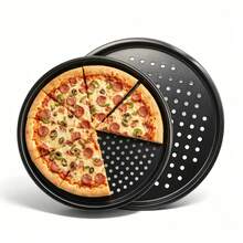 Set de 2 Bandejas de Hornear Pizza de Acero Perforada Tamaño 29 cm y 33 5 cm Juego de Bandejas Perforadas para Pizza Antiadherentes Resistentes al Calor Ideales para Horno Casero Restaurante Pizzeria Cocinar Hornear Pizza Pan Galletas y Otros Productos de Reposteria - Juego de 2 /33,5cm+29cm+Guante - Ver 3