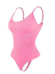2Pcs High Waist Tummy Control Thong Bodysuit Figure - 粉紅藍 - 查看 4