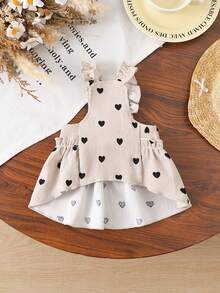 Deep Autumn Corduroy Spaghetti Strap Princess Dress, All-Over Black Heart Print, Frill Trim, Shoulder Strap With Large Bow, Cat & Dog Formal Gown - Apricot - View 3