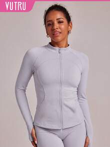 VUTRU Women's Tight-Fitting Dual-Zipper Sports Jacket With Pockets, Thumb Holes, Stand Collar, Suitable For Running, Fitness, Yoga - Mauve Purple - View 6