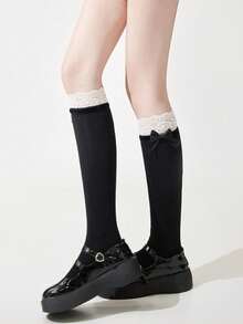 1/2 Pairs French Girl Lace Ruffle Bow Mid-Calf Socks, Sweet Preppy Style, Back To School Outfit - Multicolor - View 12