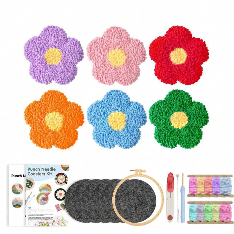 6件組花卉刺繡針套組附杯墊-初學者完整刺繡入門套件,含工具與混色線 - 多款 - 查看 1