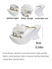 Designer Asymmetrical Wedge Heel Sandals, 3D Floral Gold Trim Thick Sole Fashion Half-Sling - White - View 9