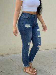Women's Casual Distressed Tapered Cropped Jeans - Dark Wash - View 4