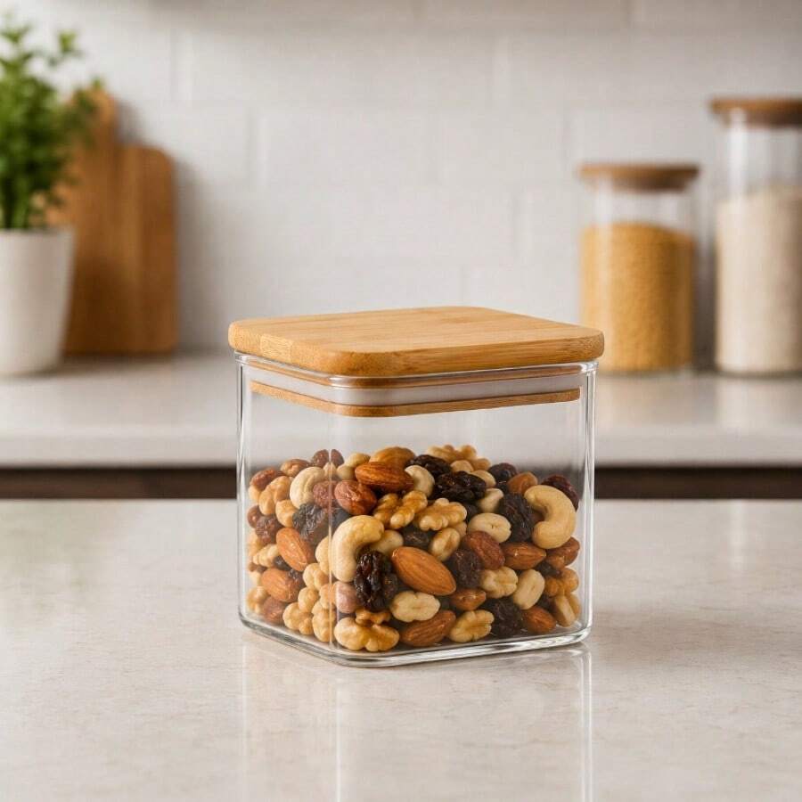 Pote hermético de vidro quadrado, borossilicato, tampa de bambu com vedação de silicone - Visão 1