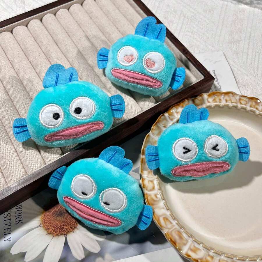 SANRIO 1pc Cute Blue Fish Plush Brooch, Funny Expression Cartoon Fish Pin, Kawaii Bag Backpack Decoration Accessory, Suitable For Women And Girls - Blue - View 1