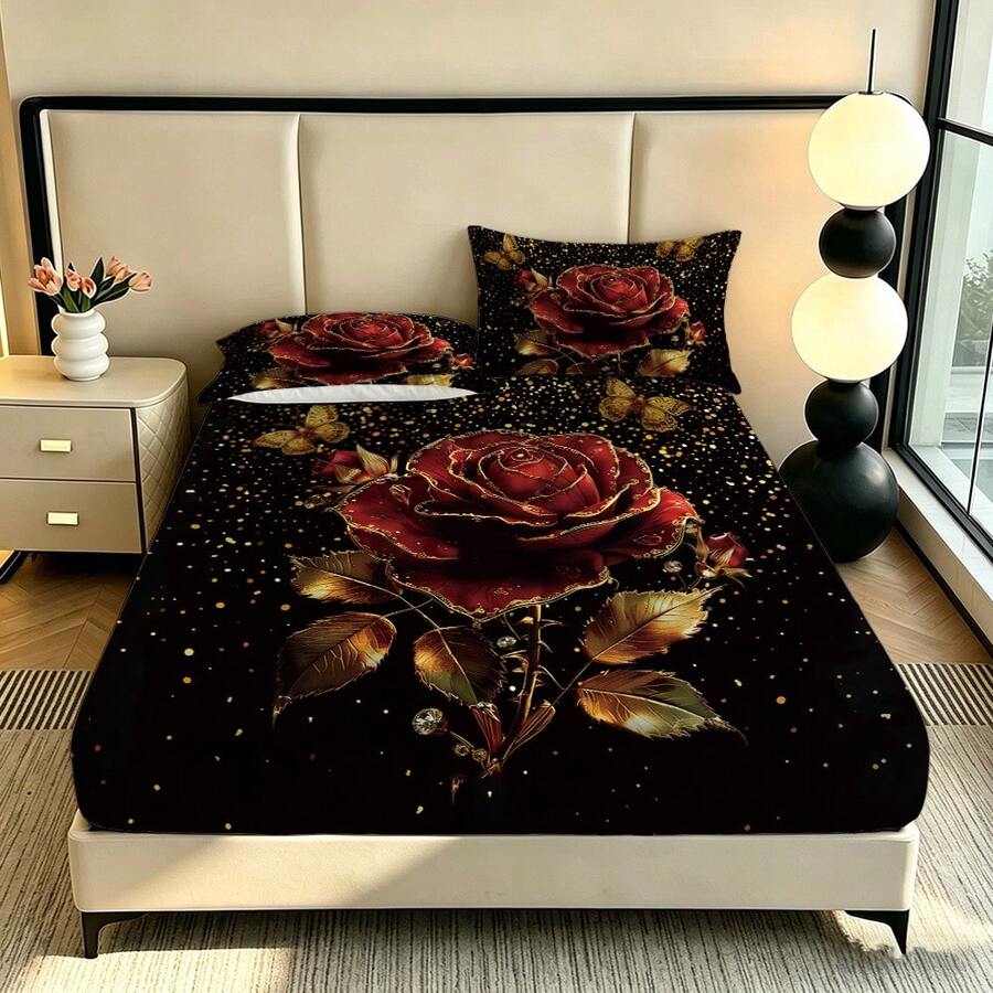 3pcs Rose Pattern Bedding Set (1 Fitted Sheet + 2 Pillowcases, Inner Core Not Included), Romantic Floral, Digital Print Bed Cover, Soft And Skin-Friendly, Suitable For Bedroom, Guest Room, Home Decor, Available In Multiple Sizes, Easy To Remove And Machine Washable - Multicolor01 - View 1
