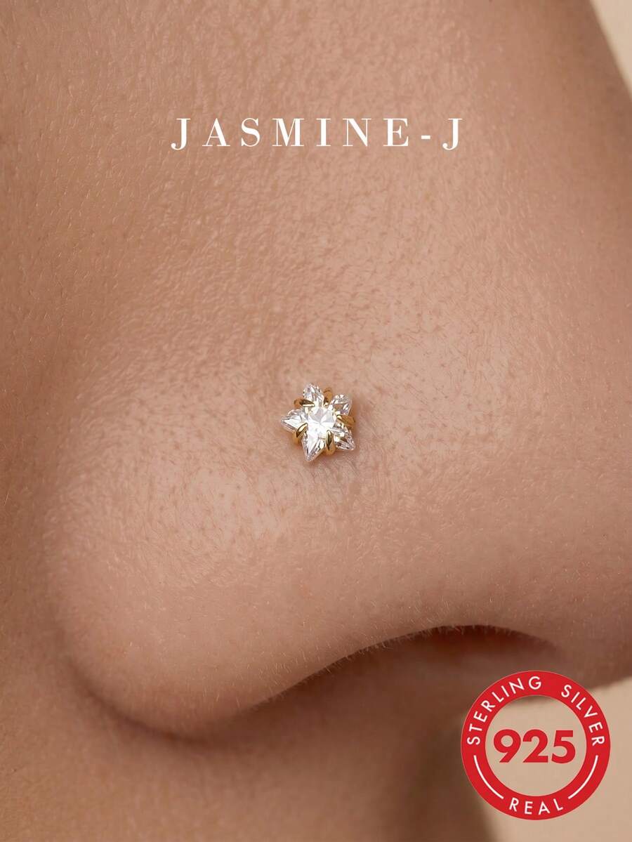 1pc S925 Sterling Silver Diamond Star Nose Stud, Pure Silver 14K Gold Plated, Mini Diamond Star Nose Stud/Earring, Men's And Women's Nose Piercing Jewelry, Multi-Functional Pure Silver Piercing Jewelry, Suitable For Daily Wear - Multicolor - View 1