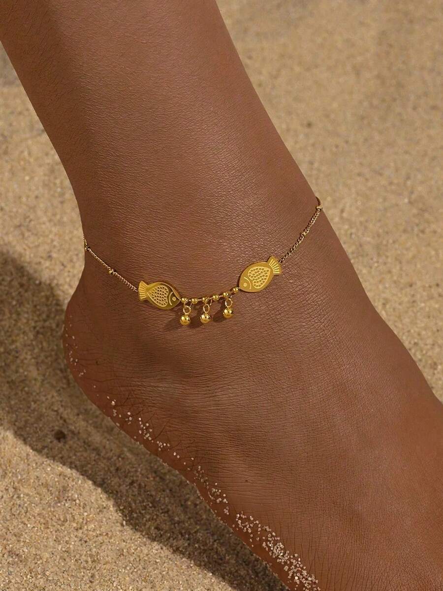1pc Creative Pearl Fish Pendant Anklet, Women's Ins Style Delicate Foot Jewelry - Yellow Gold - View 1