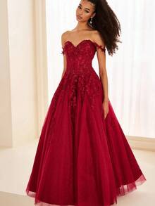 Elegant A-Line Off-Shoulder Tulle Women's Gown For Wedding Prom Formal Evening - Pink - View 4
